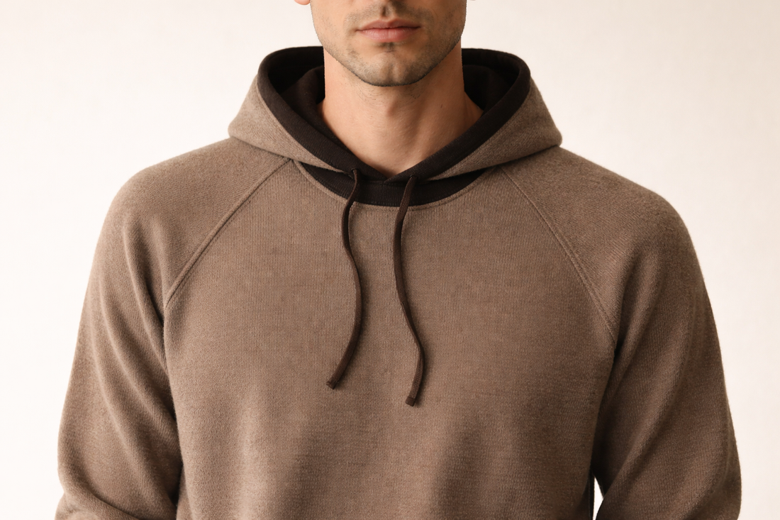 Cashmere hoodie made from Mongolian cashmere in warm taupe