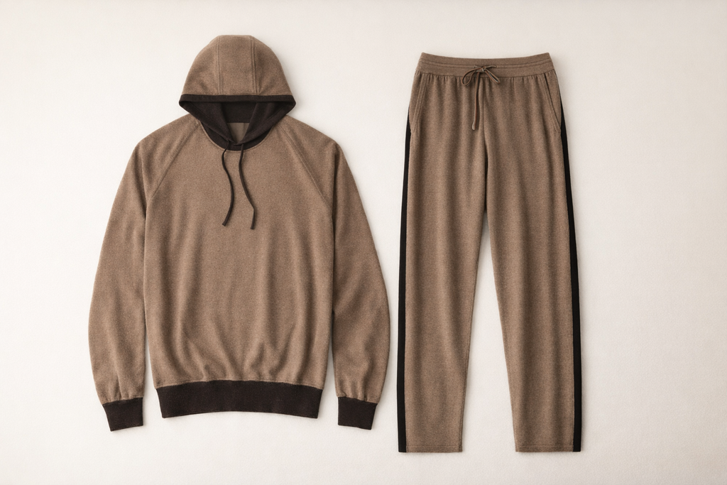 Baghatur luxury cashmere tracksuit in warm taupe on off-white background